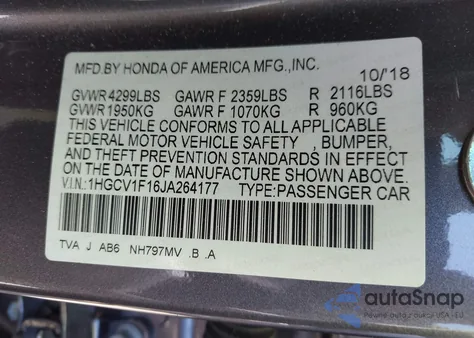 2018 Honda Accord Lx из США, поврежденный, VIN 1HGCV1F16JA264177